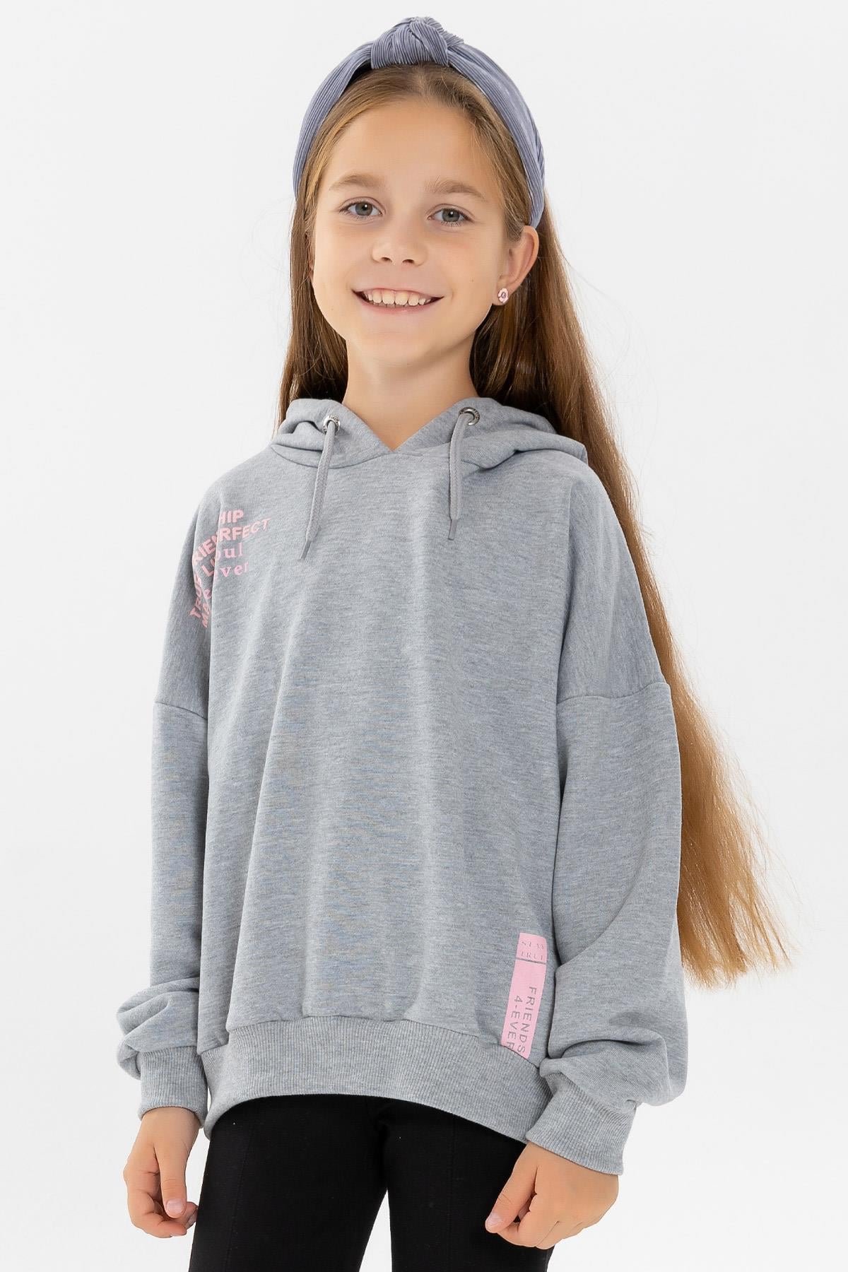 Breeze Kız Çocuk Sweatshirt Yazı Baskılı Gri Melanj (9-14 Yaş)