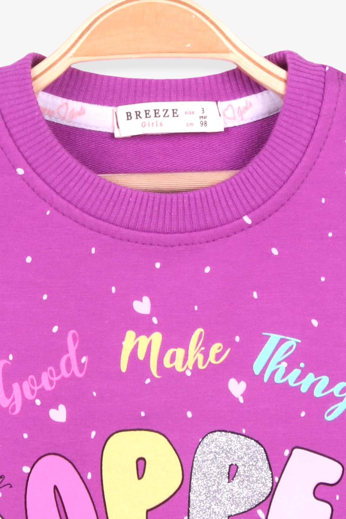 Breeze Kız Çocuk Sweatshirt Yazı Baskılı Desenli Mor (3-7 Yaş)