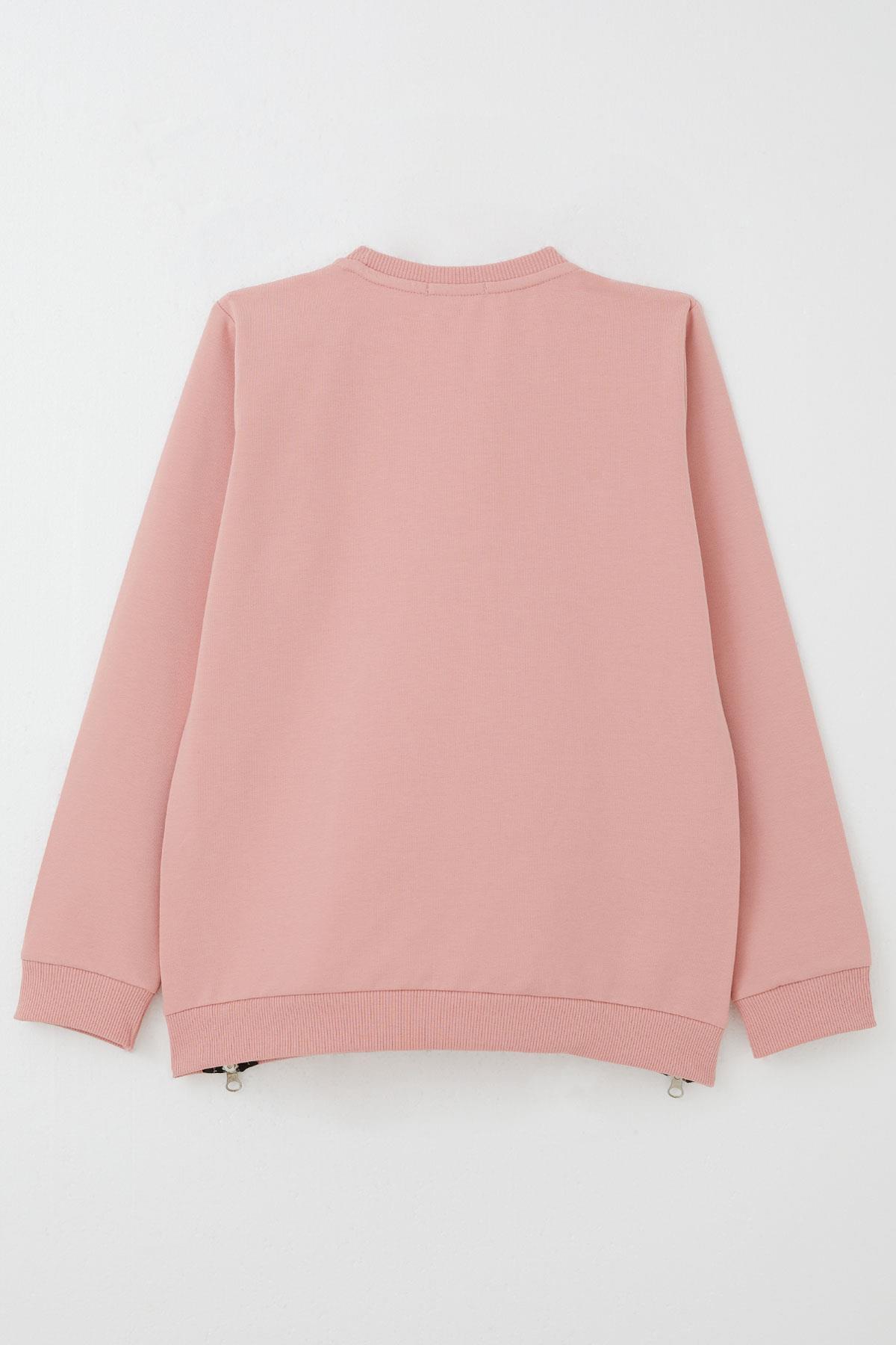 Breeze Kız Çocuk Sweatshirt Yazı Baskılı Kenarları Fermuar Detaylı Gülkurusu (9-14 Yaş)