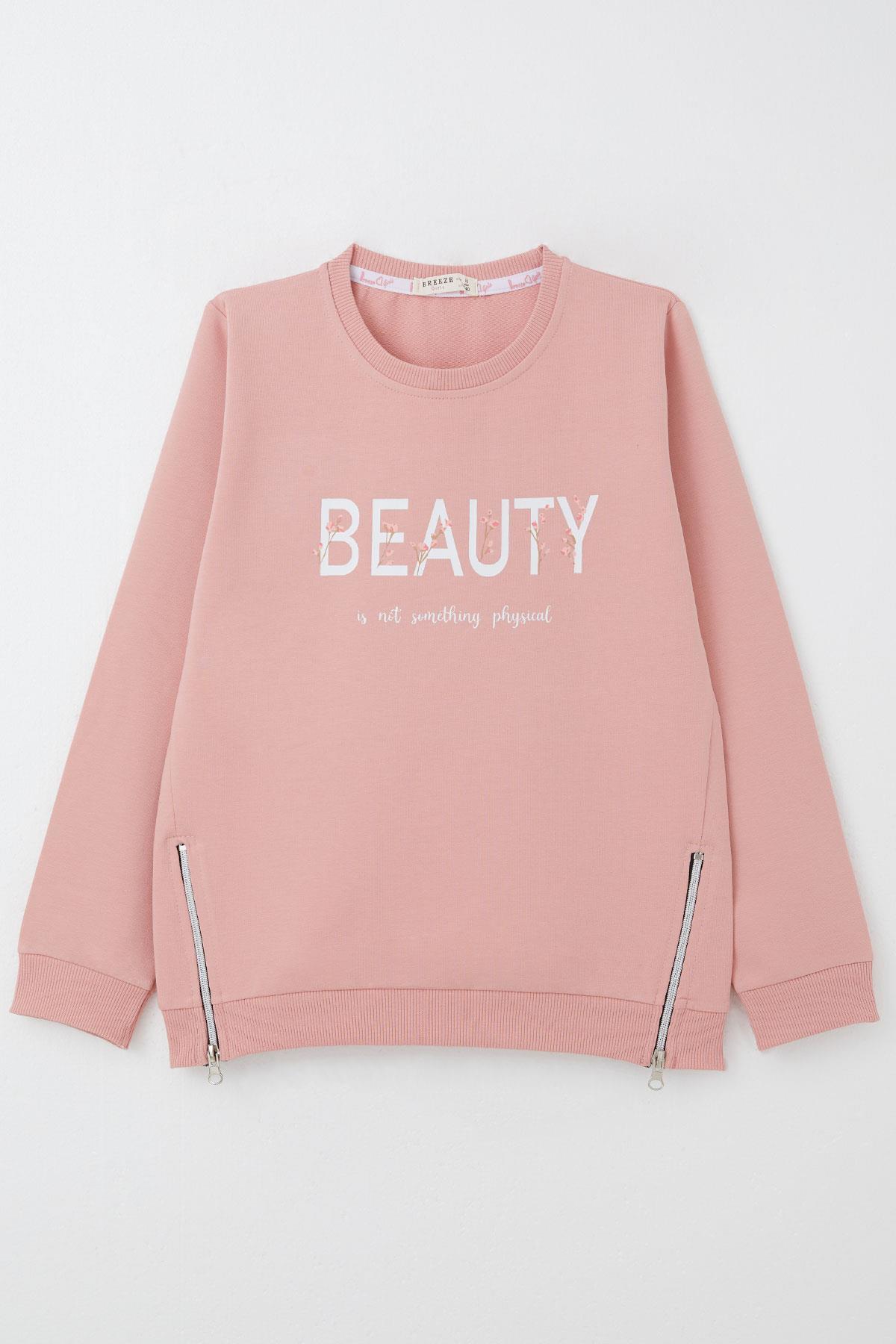 Breeze Kız Çocuk Sweatshirt Yazı Baskılı Kenarları Fermuar Detaylı Gülkurusu (9-14 Yaş)