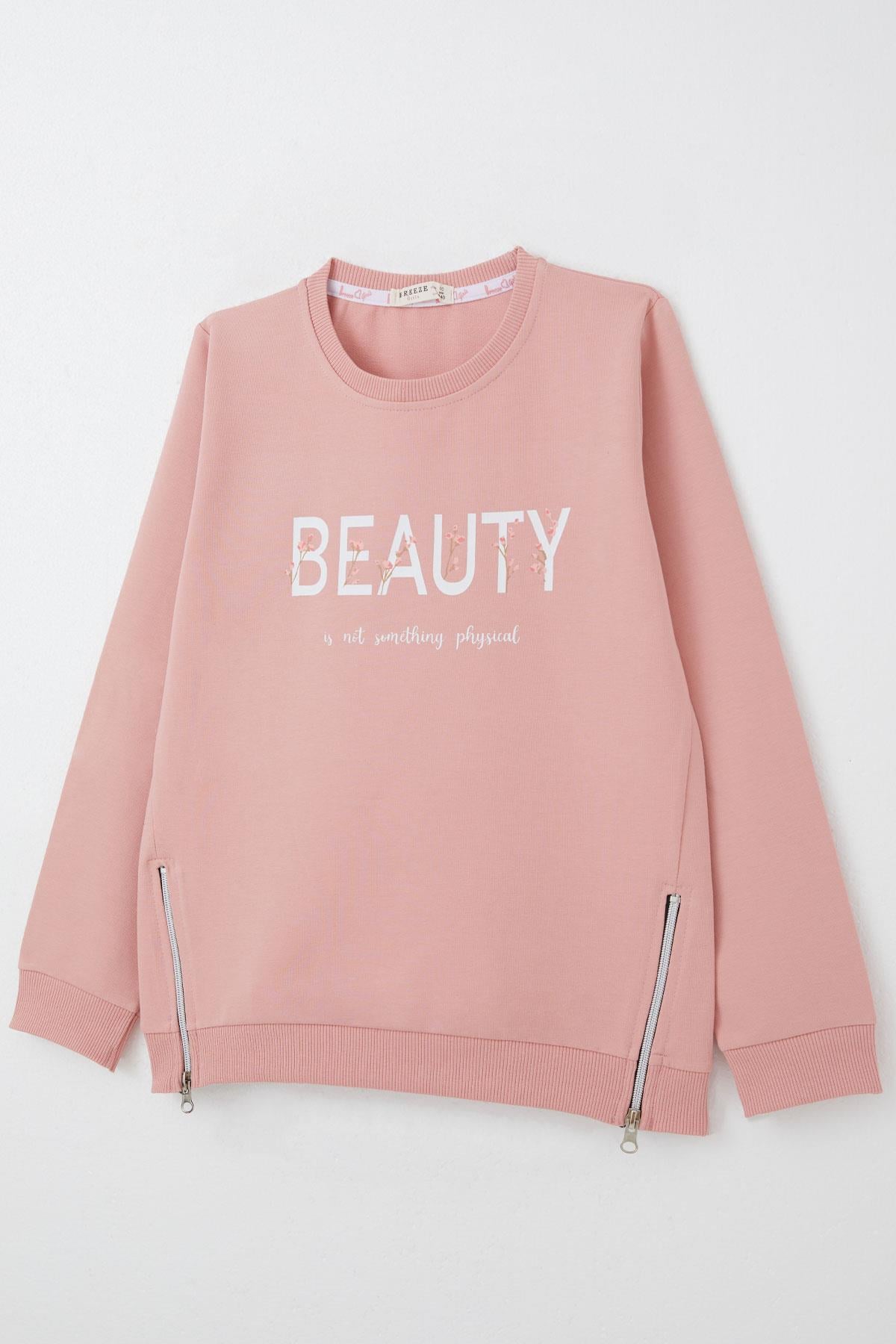 Breeze Kız Çocuk Sweatshirt Yazı Baskılı Kenarları Fermuar Detaylı Gülkurusu (9-14 Yaş)