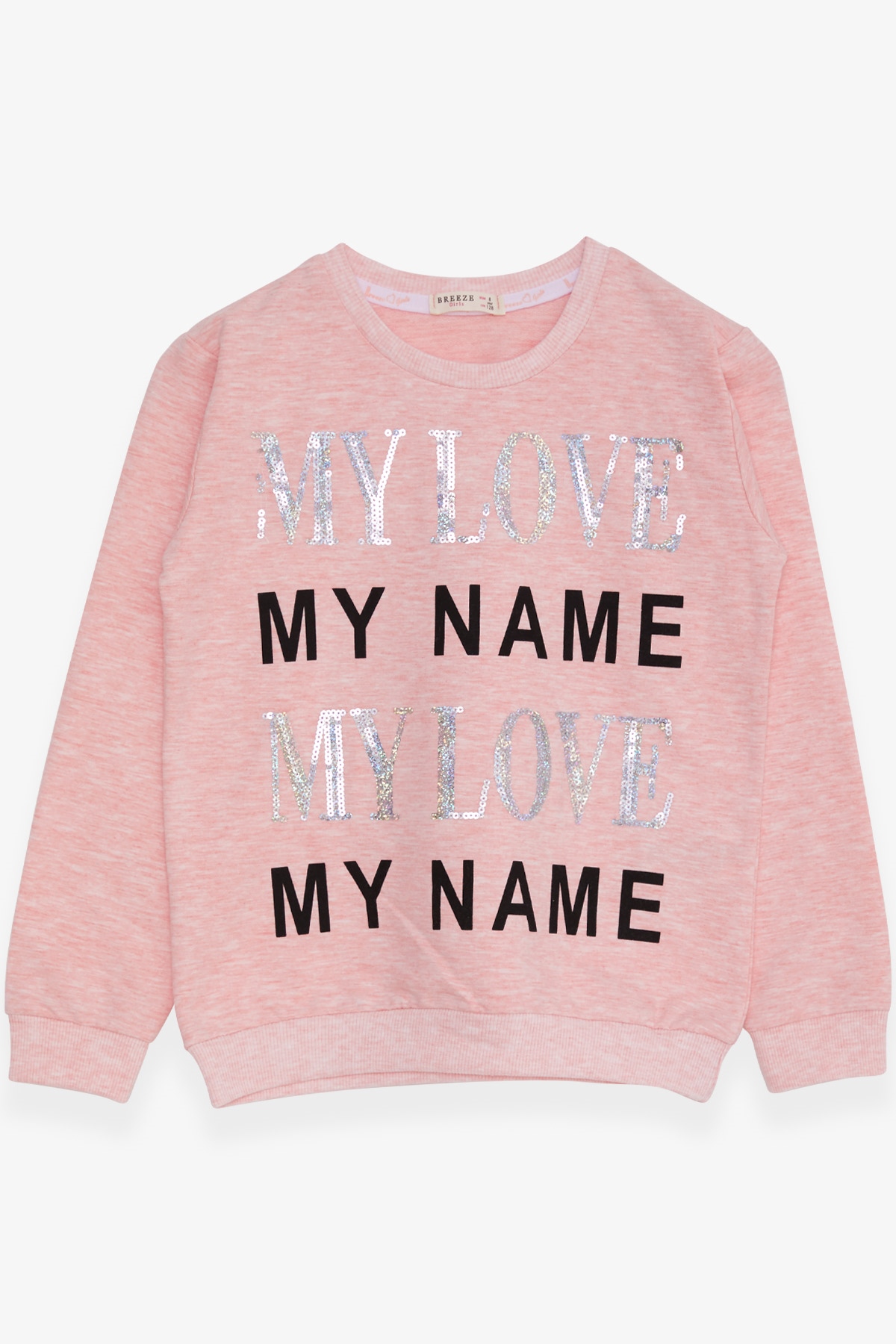 Breeze Kız Çocuk Sweatshirt Yazı Baskılı Pullu Somon Melanj (8-14 Yaş)