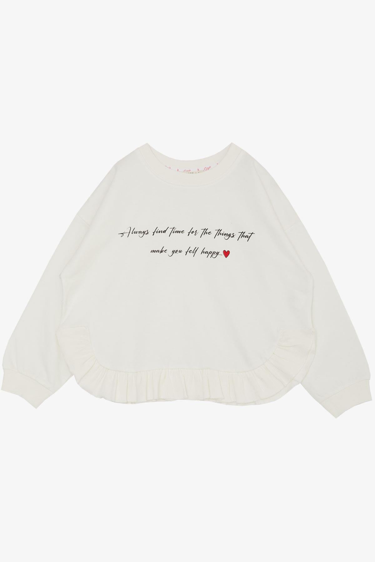 Breeze Kız Çocuk Sweatshirt Yazı Baskılı Etek Ucu Fırfıtlı Ekru (8-12 Yaş)
