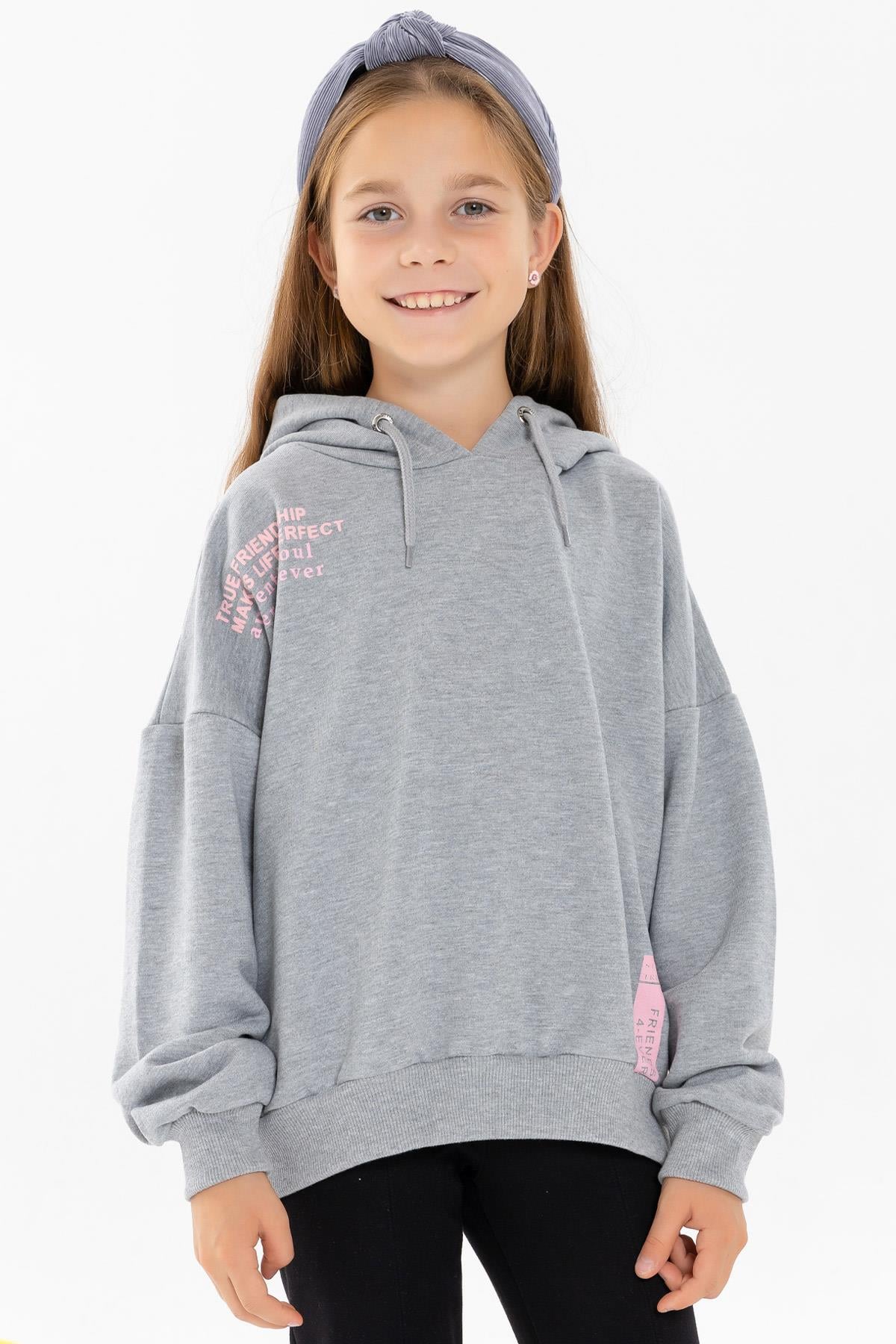 Breeze Kız Çocuk Sweatshirt Yazı Baskılı Gri Melanj (9-14 Yaş)