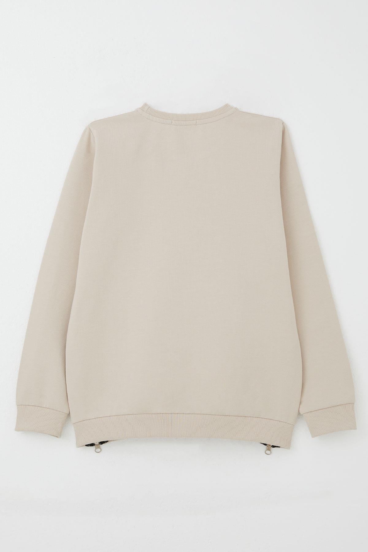 Breeze Kız Çocuk Sweatshirt Yazı Baskılı Kenarları Fermuar Detaylı Bej (9-14 Yaş)