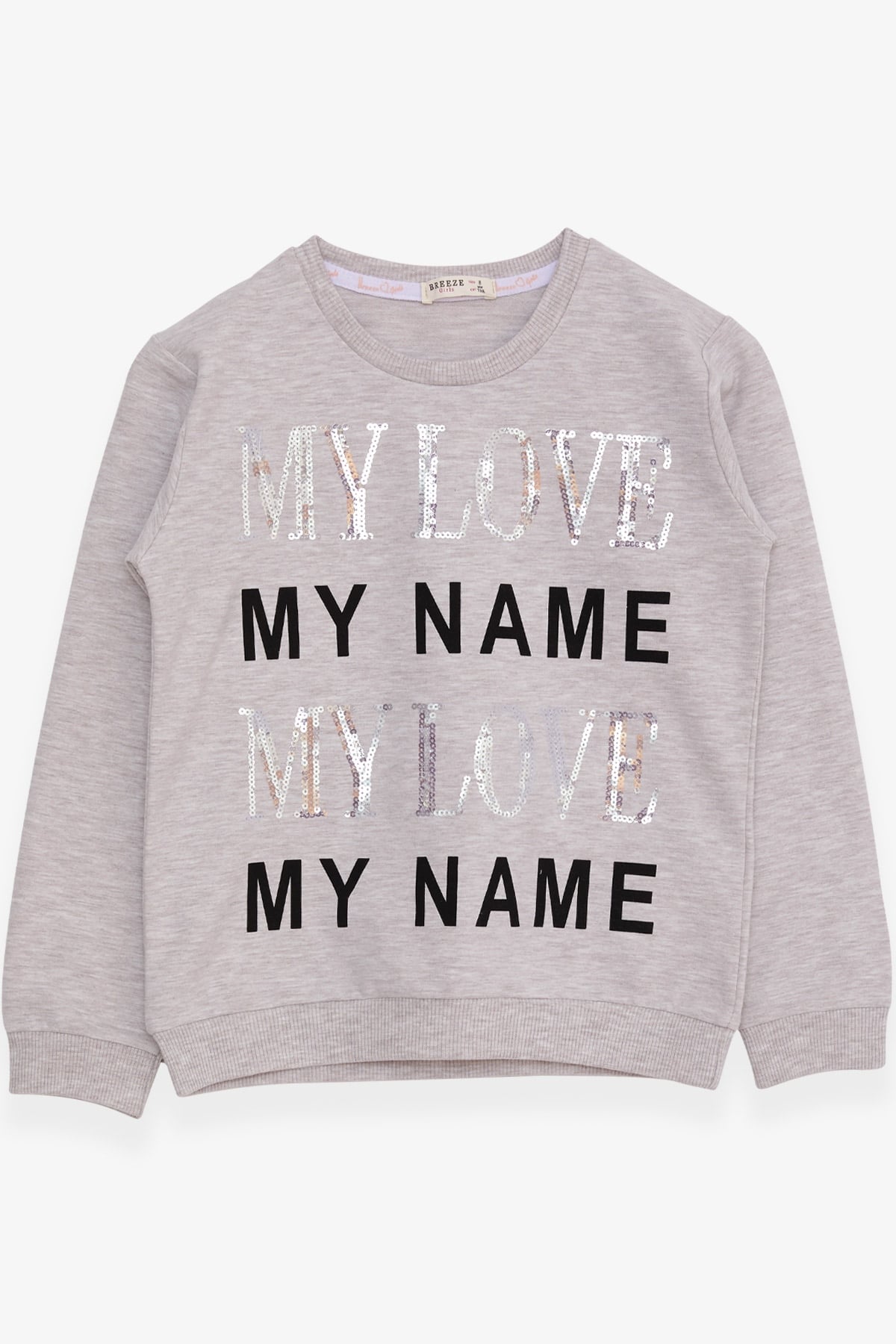 Breeze Kız Çocuk Sweatshirt Yazı Baskılı Pullu Bej Melanj (8-14 Yaş)
