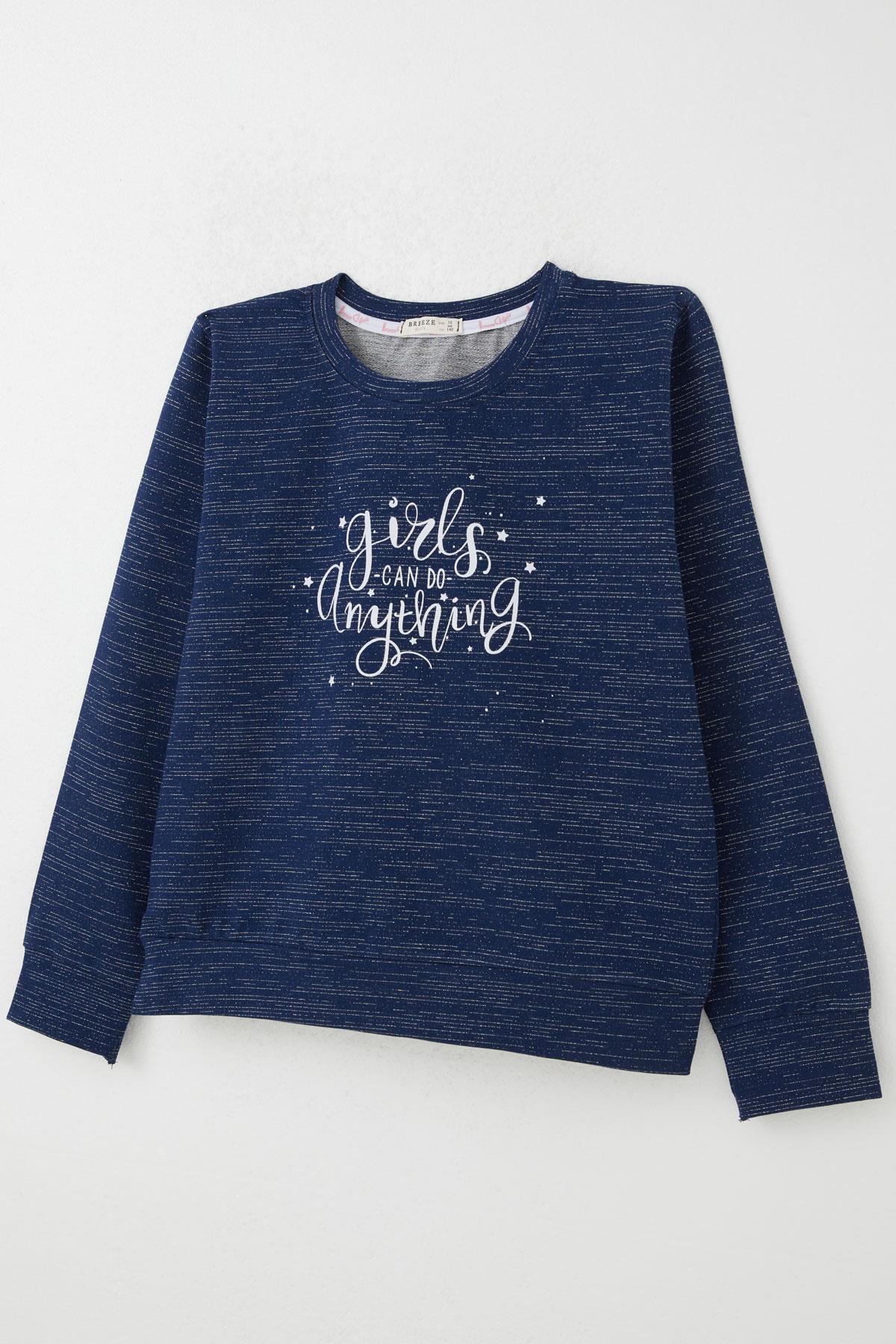Breeze Kız Çocuk Sweatshirt Yazı Baskılı Yıldızlı Lacivert Melanj (9-14 Yaş)
