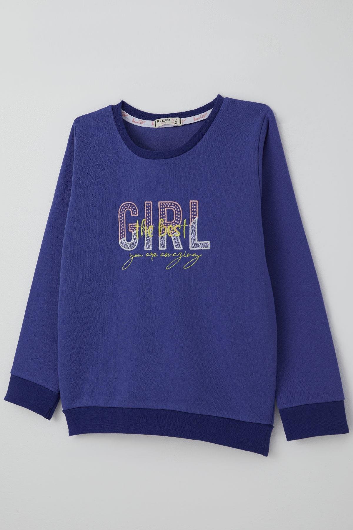 Breeze Kız Çocuk Sweatshirt Yazı Nakış Baskılı Morcivert (5-10 Yaş)