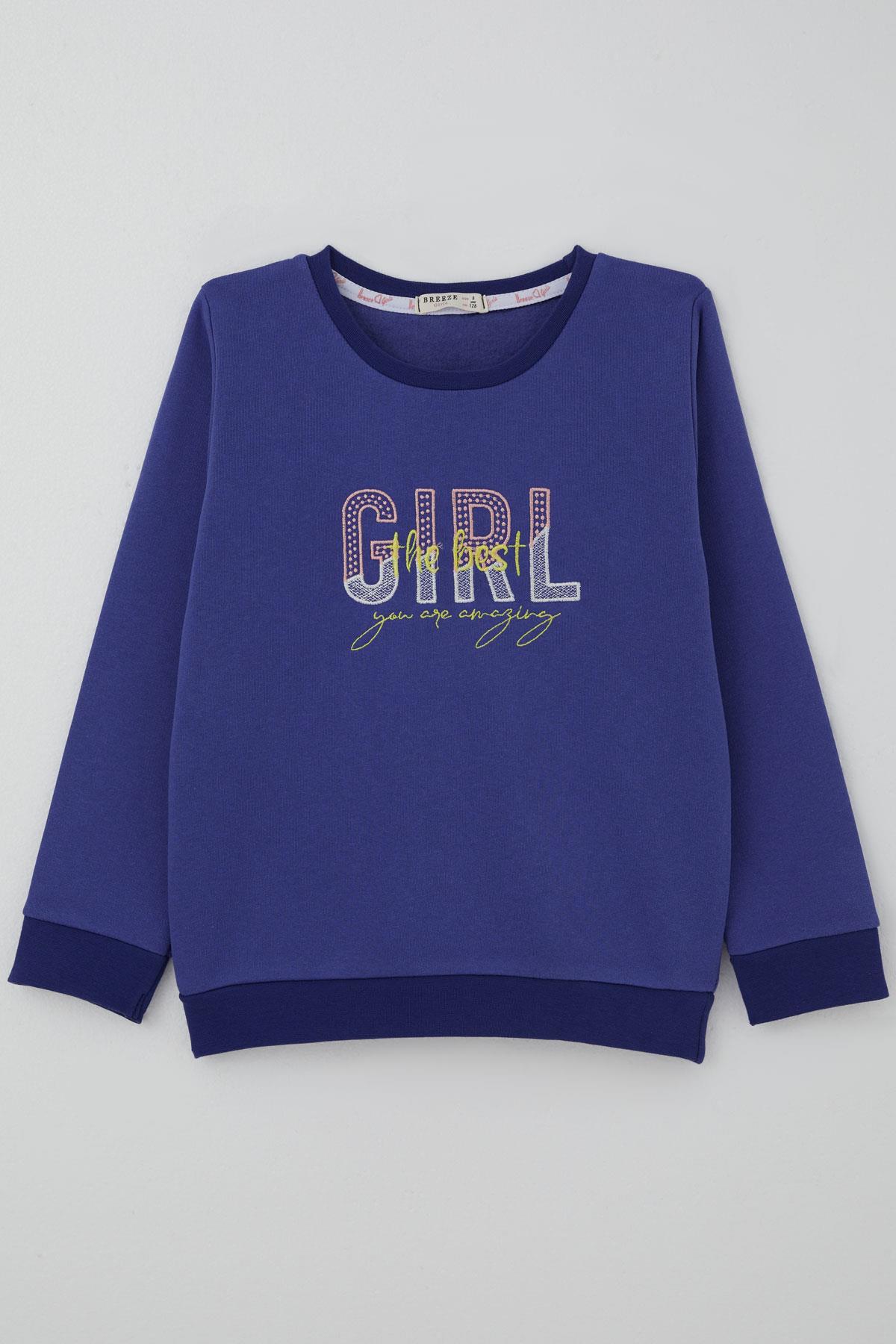 Breeze Kız Çocuk Sweatshirt Yazı Nakış Baskılı Morcivert (5-10 Yaş)