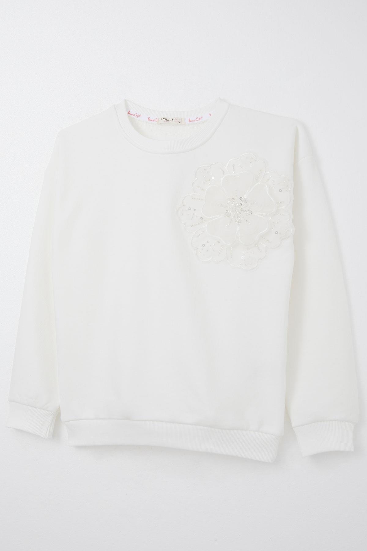 Breeze Kız Çocuk Sweatshirt Yonca Arma Aksesuarlı Ekru (9-14 Yaş)