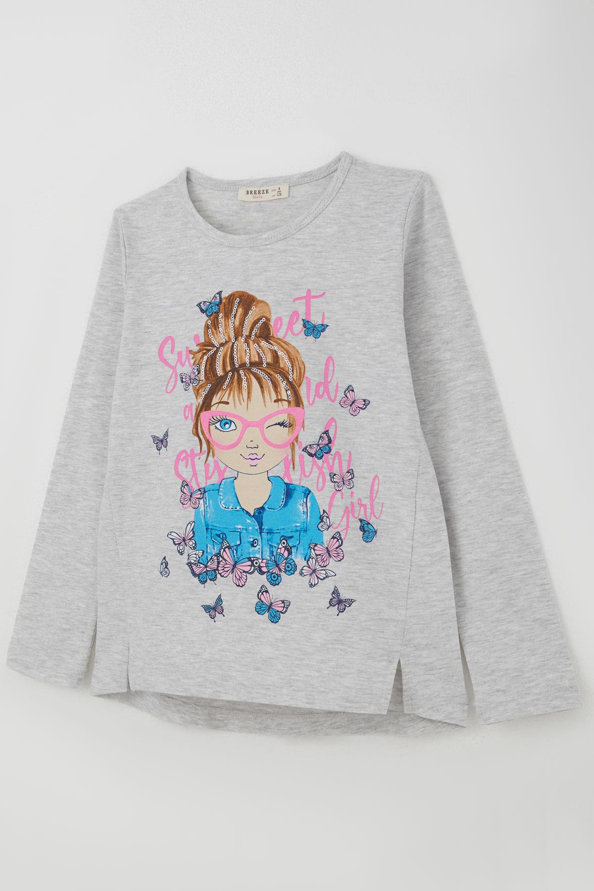 Breeze Kız Çocuk Tatylı Takım Kelebekli Kız Baskılı Açık Gri Melanj (5-10 Yaş)