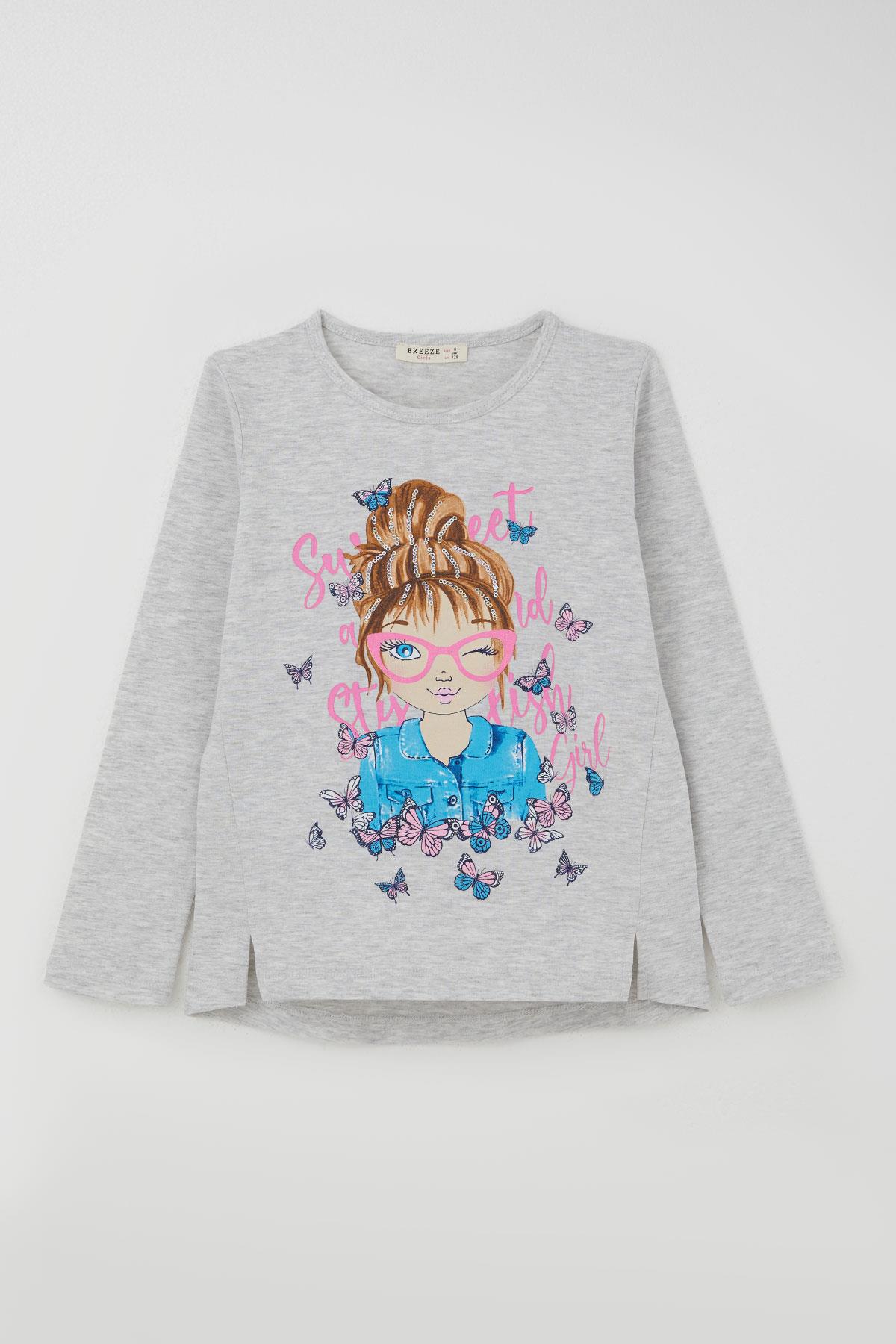 Breeze Kız Çocuk Tatylı Takım Kelebekli Kız Baskılı Açık Gri Melanj (5-10 Yaş)