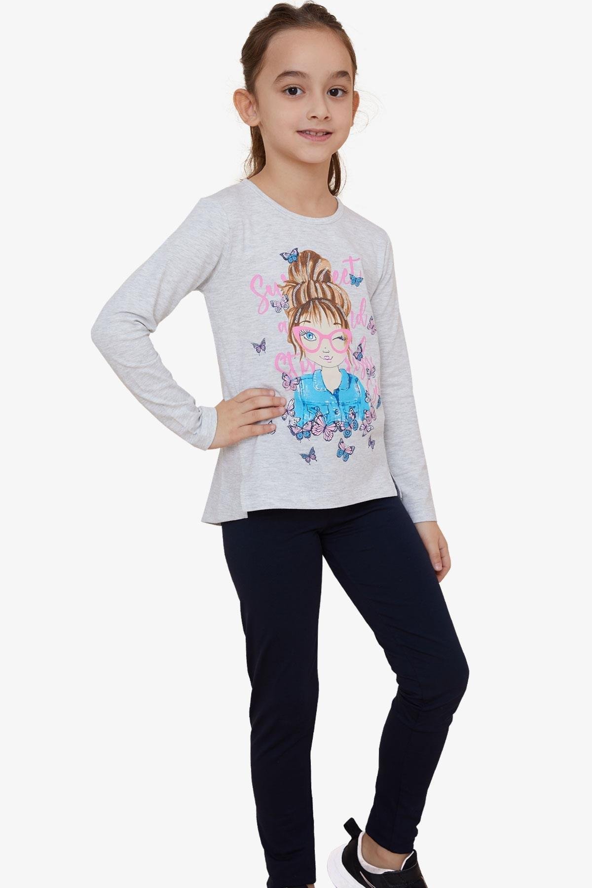 Breeze Kız Çocuk Tatylı Takım Kelebekli Kız Baskılı Açık Gri Melanj (5-10 Yaş)