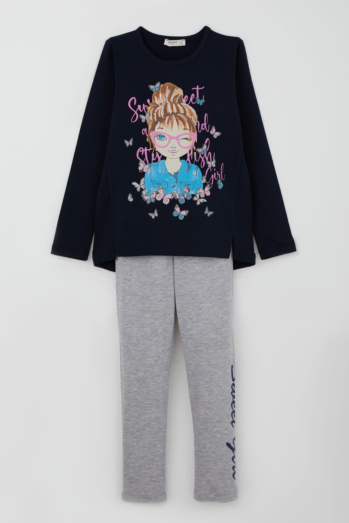 Breeze Kız Çocuk Tatylı Takım Kelebekli Kız Baskılı Lacivert (5-10 Yaş)