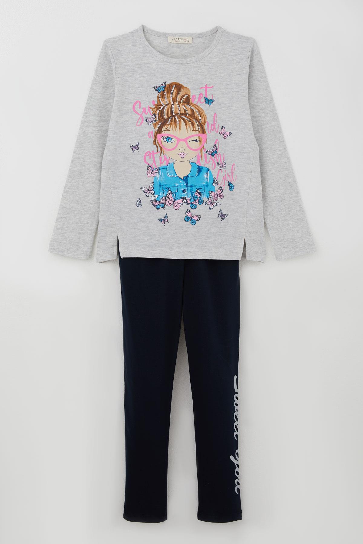 Breeze Kız Çocuk Tatylı Takım Kelebekli Kız Baskılı Açık Gri Melanj (5-10 Yaş)