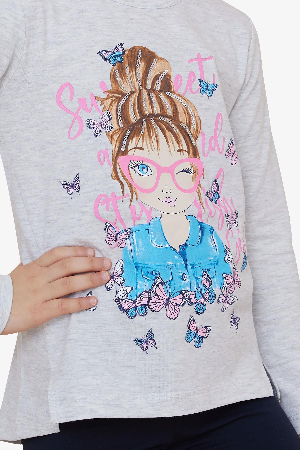 Breeze Kız Çocuk Tatylı Takım Kelebekli Kız Baskılı Açık Gri Melanj (5-10 Yaş)