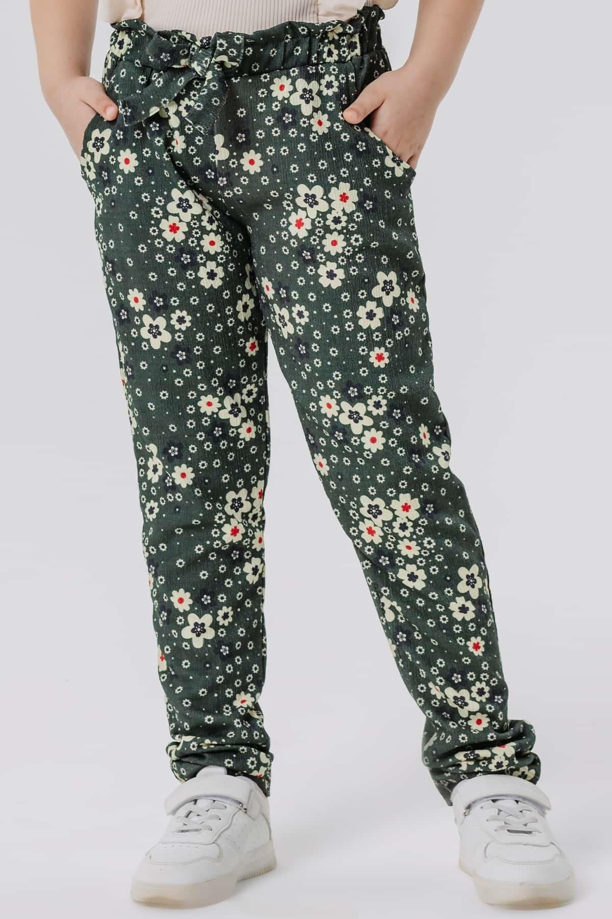 Breeze Kız Çocuk Tayt Pantolon Fiyonklu Çiçekli Haki Yeşil (1.5-5 Yaş)
