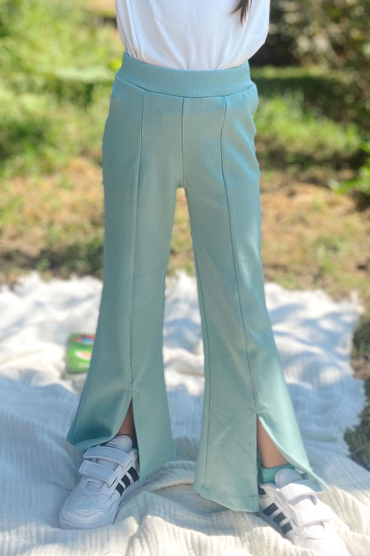 Breeze Kız Çocuk Tayt Pantolon Yırtmaçlı İspanyol Paça Su Yeşili (4-7 Yaş)