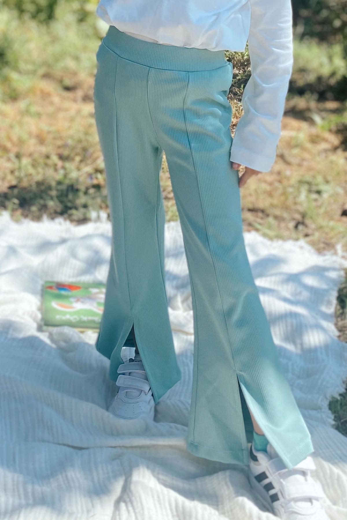 Breeze Kız Çocuk Tayt Pantolon Yırtmaçlı İspanyol Paça Su Yeşili (4-7 Yaş)