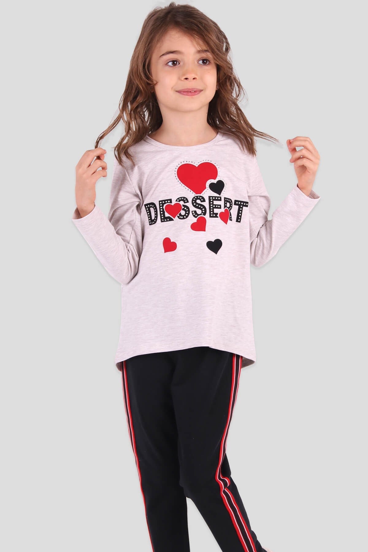 Breeze Kız Çocuk Tayt Takım Kalpli Bej-Lacivert (6-12 Yaş)
