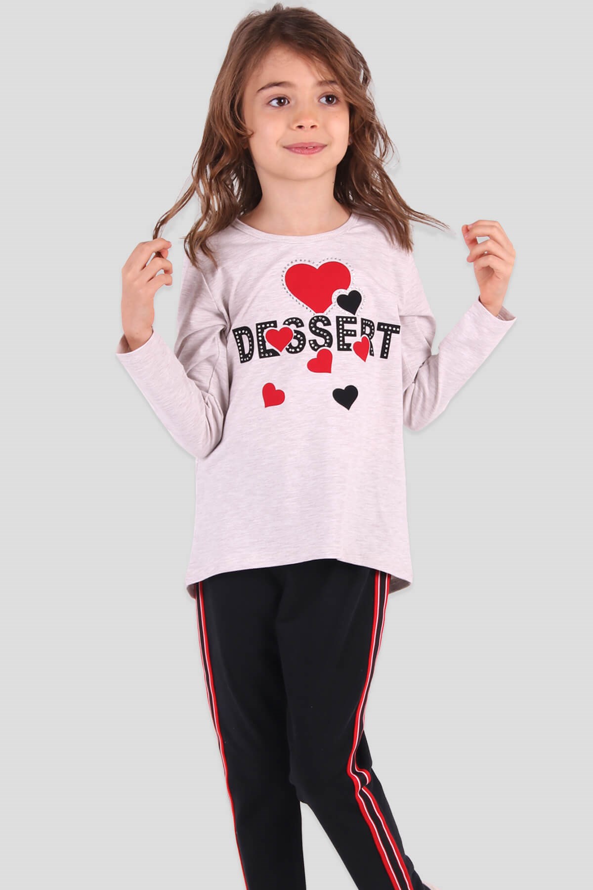 Breeze Kız Çocuk Tayt Takım Kalpli Bej-Lacivert (6-12 Yaş)