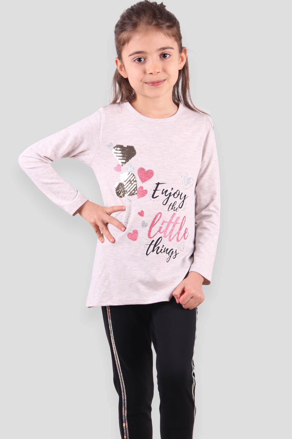 Breeze Kız Çocuk Tayt Takım Kalpli Bej-Siyah (5-10 Yaş)