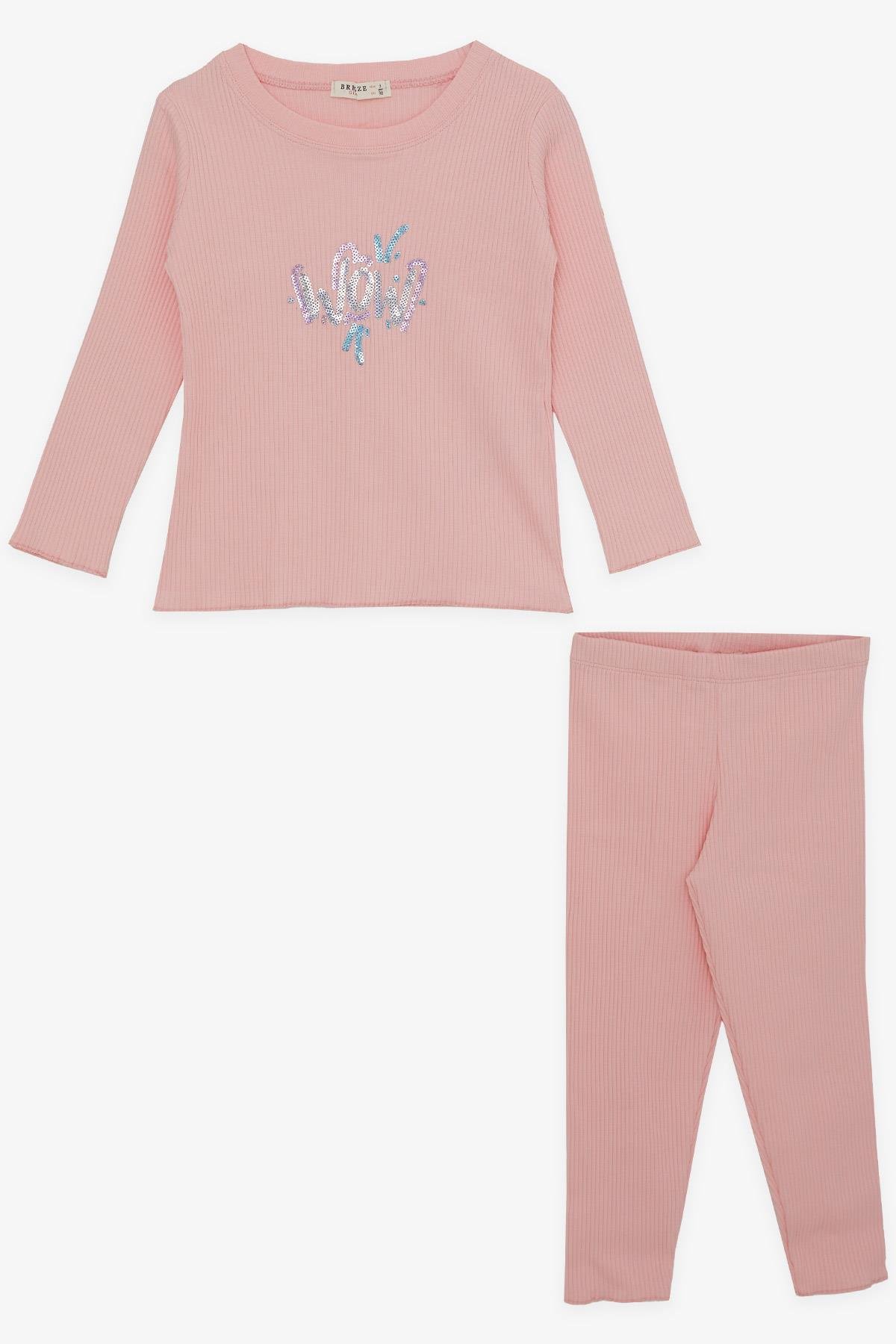 Breeze Kız Çocuk Tayt Takımı Pullu Yazı Baskılı Somon (1.5-5 Yaş)