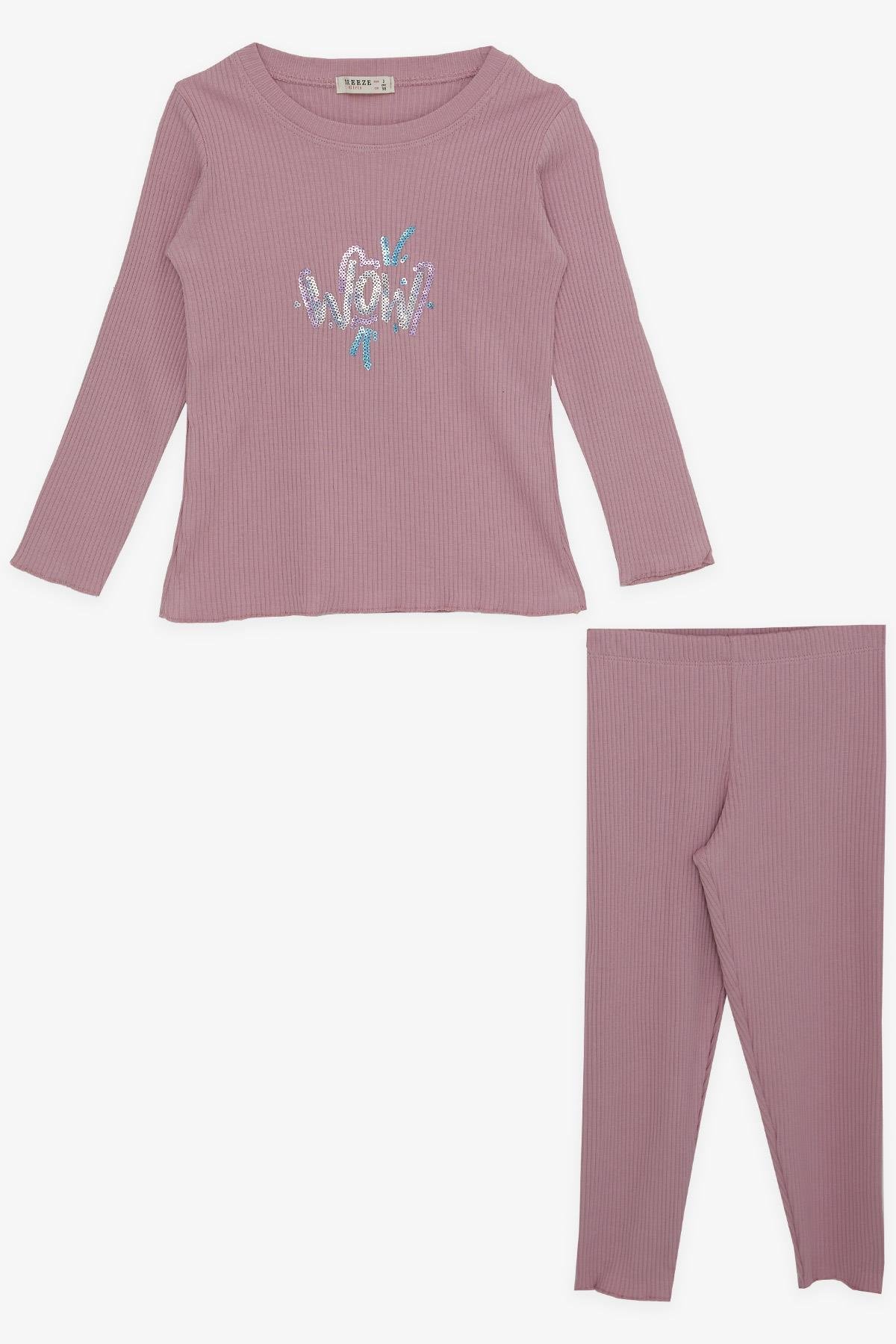 Breeze Kız Çocuk Tayt Takımı Pullu Yazı Baskılı Gülkurusu (1.5-5 Yaş)