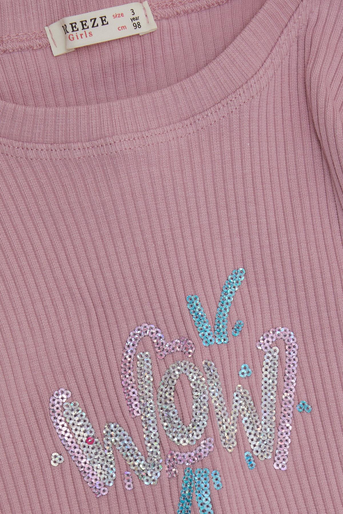 Breeze Kız Çocuk Tayt Takımı Pullu Yazı Baskılı Gülkurusu (1.5-5 Yaş)