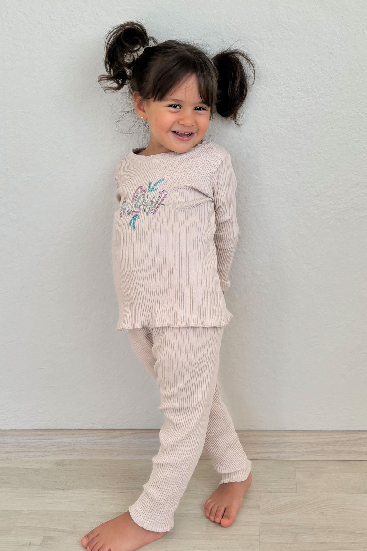 Breeze Kız Çocuk Tayt Takımı Pullu Yazı Baskılı Taş (1.5-5 Yaş)