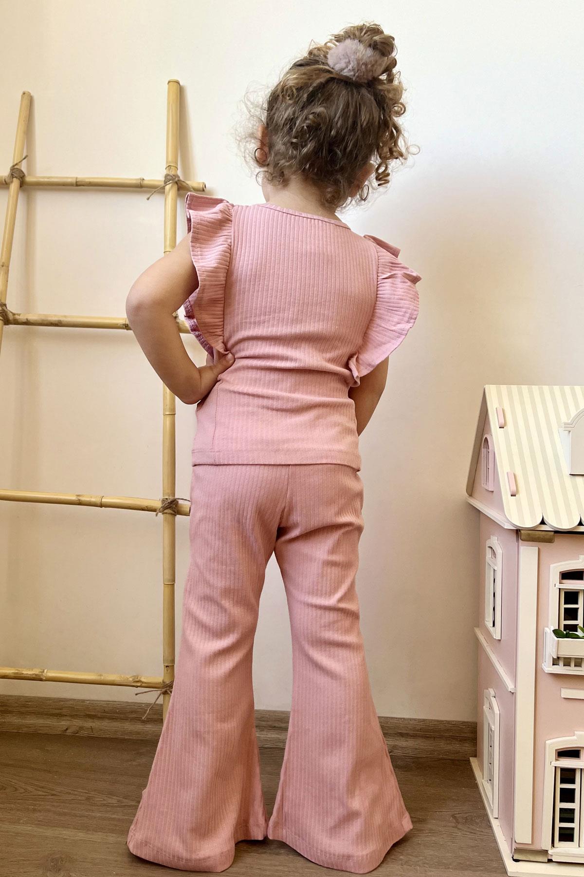 Breeze Kız Çocuk Taytlı Pantolon Takım Yazı Nakışlı Paçası Yırtmaçlı Gülkurusu (2-6 Yaş)