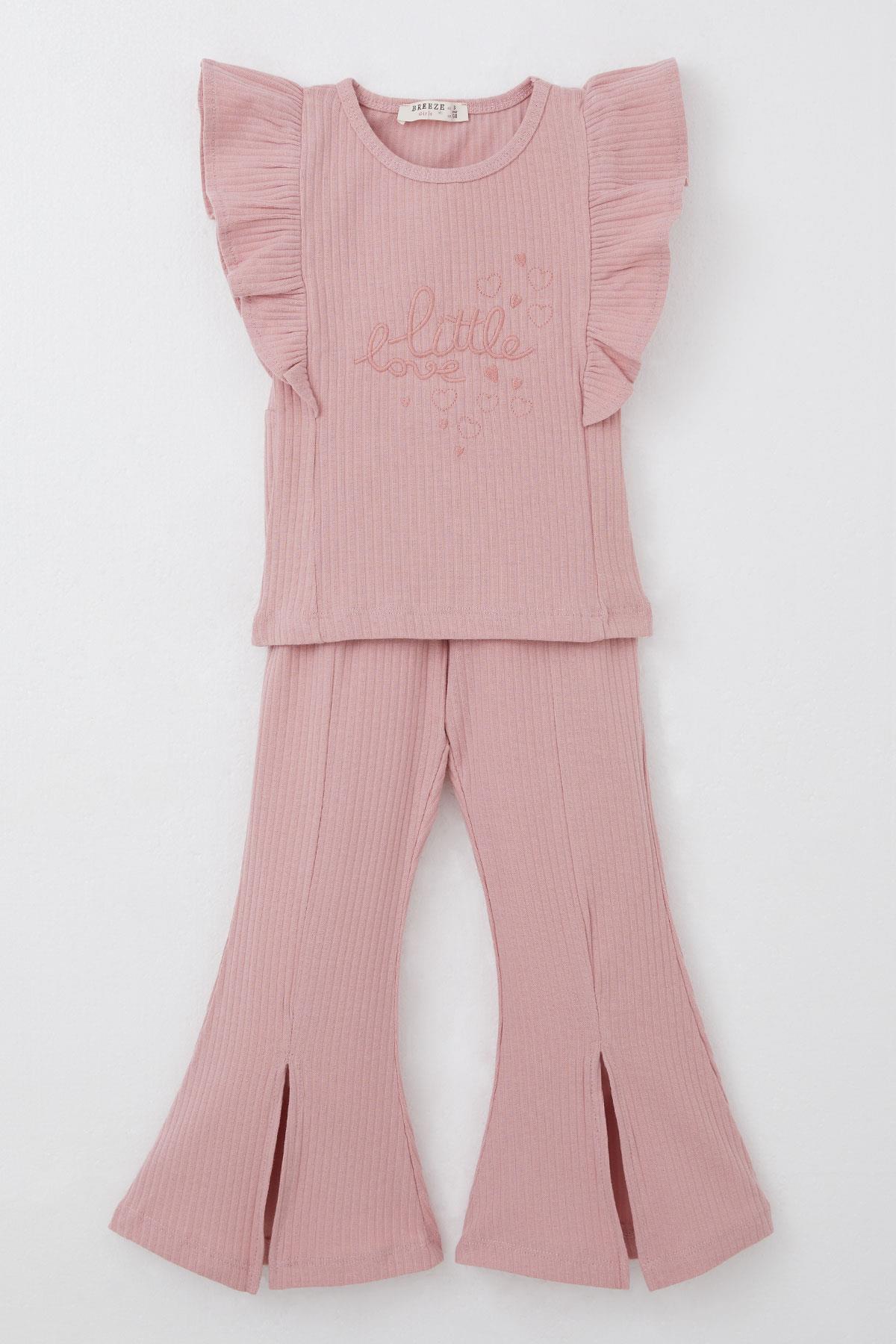 Breeze Kız Çocuk Taytlı Pantolon Takım Yazı Nakışlı Paçası Yırtmaçlı Gülkurusu (2-6 Yaş)