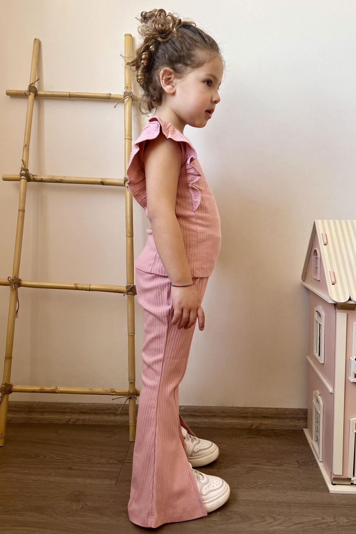 Breeze Kız Çocuk Taytlı Pantolon Takım Yazı Nakışlı Paçası Yırtmaçlı Gülkurusu (2-6 Yaş)