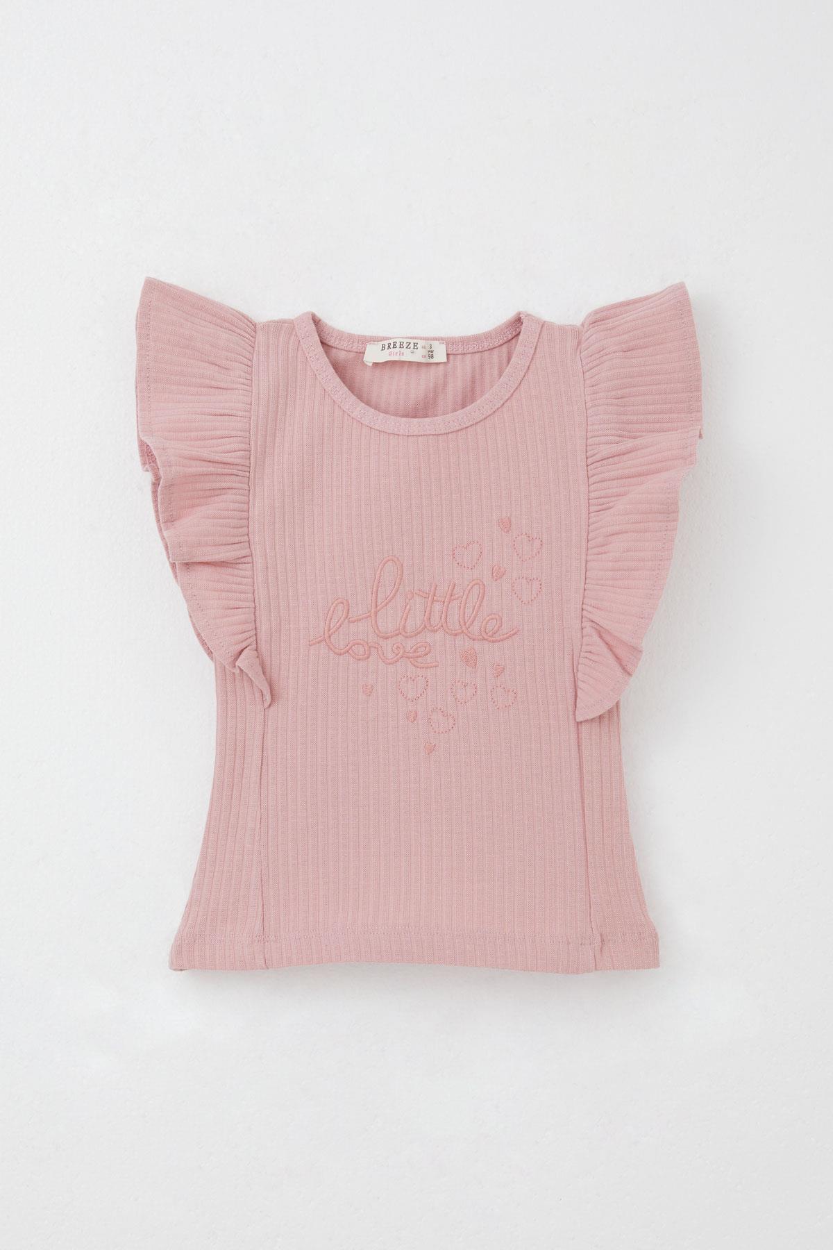 Breeze Kız Çocuk Taytlı Pantolon Takım Yazı Nakışlı Paçası Yırtmaçlı Gülkurusu (2-6 Yaş)