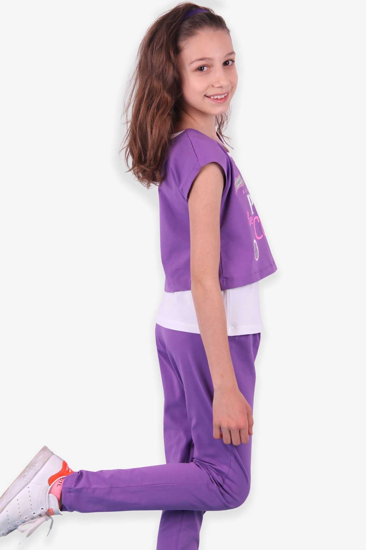 Breeze Kız Çocuk Taytlı Takım 3 lü Baskılı Mor (9-14 Yaş)