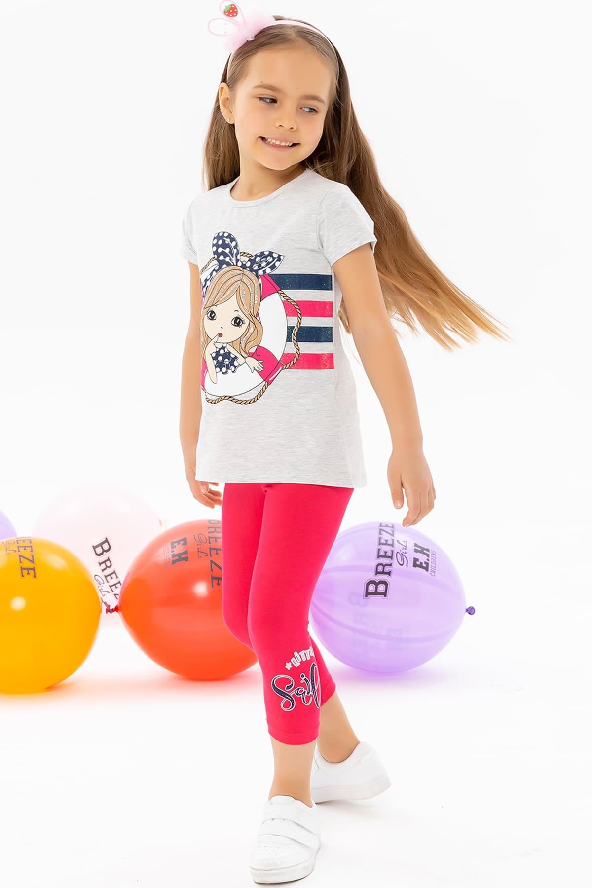 Breeze Kız Çocuk Taytlı Takım Bandanalı Kız Baskılı Açık Gri Melanj (3-8 Yaş)