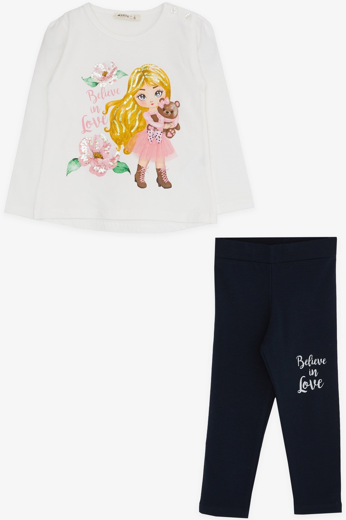 Breeze Kız Çocuk Taytlı Takım Baskılı Pullu Beyaz (1.5-5 Yaş)