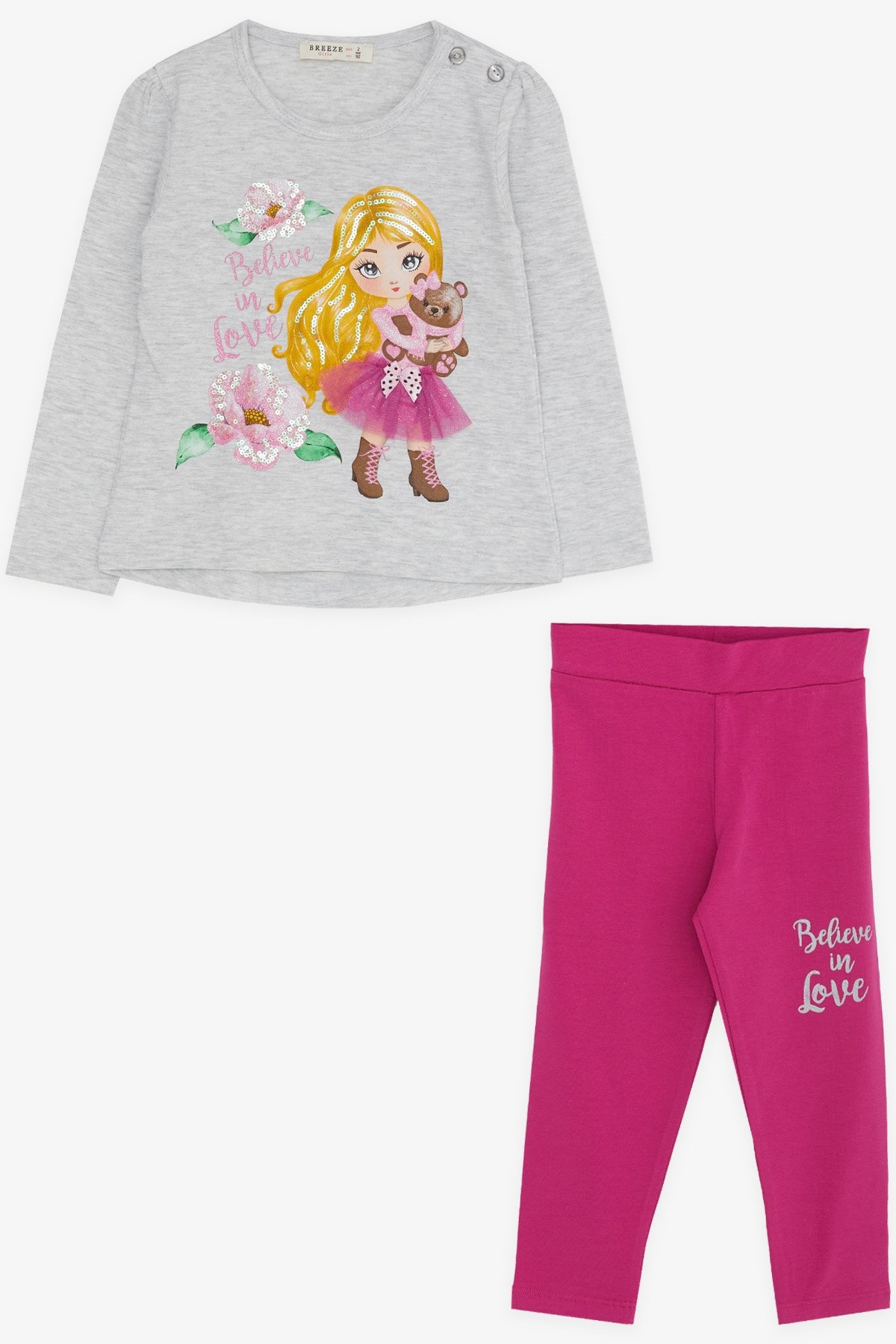Breeze Kız Çocuk Taytlı Takım Baskılı Pullu Açık Gri Melanj (1.5-5 Yaş)
