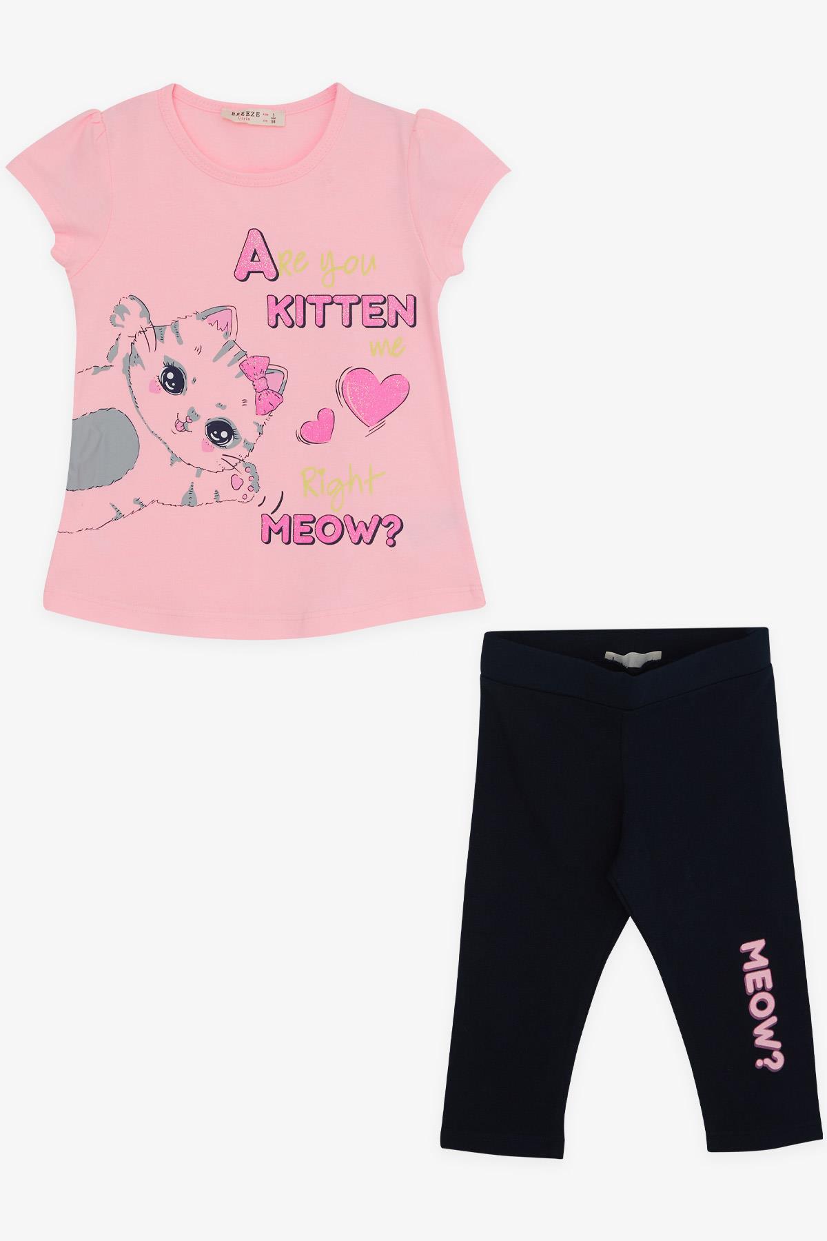 Breeze Kız Çocuk Taytlı Takım Baskılı Kedili Pudra (2-6 Yaş)