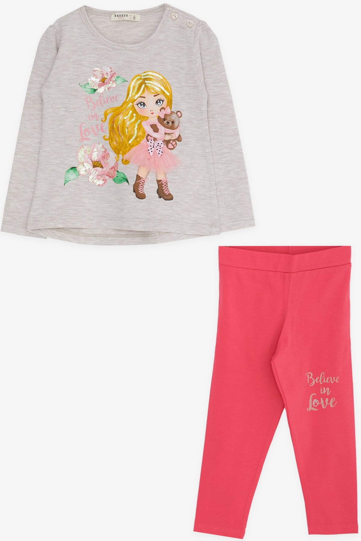 Breeze Kız Çocuk Taytlı Takım Baskılı Pullu Bej Melanj (1.5-5 Yaş)