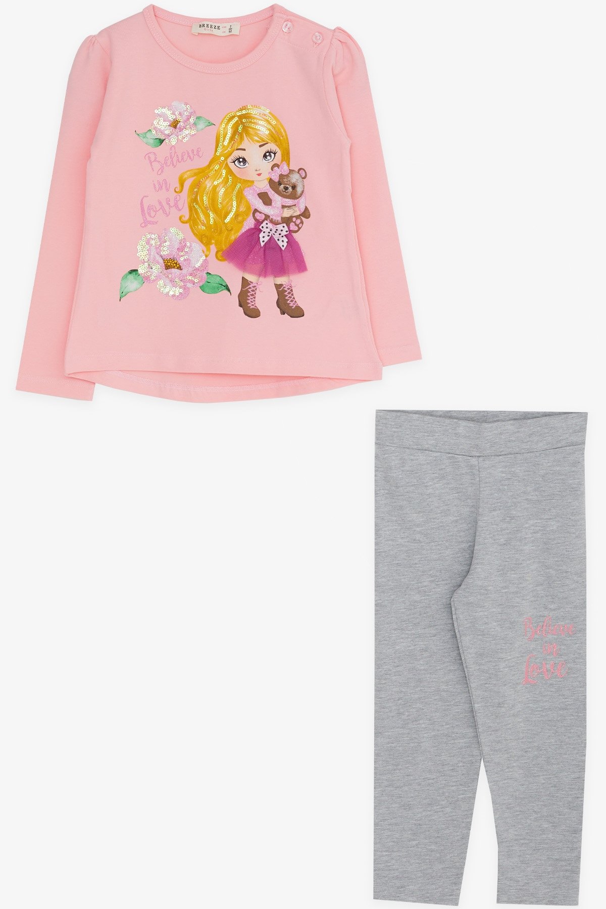 Breeze Kız Çocuk Taytlı Takım Baskılı Pullu Pudra (1.5-5 Yaş)