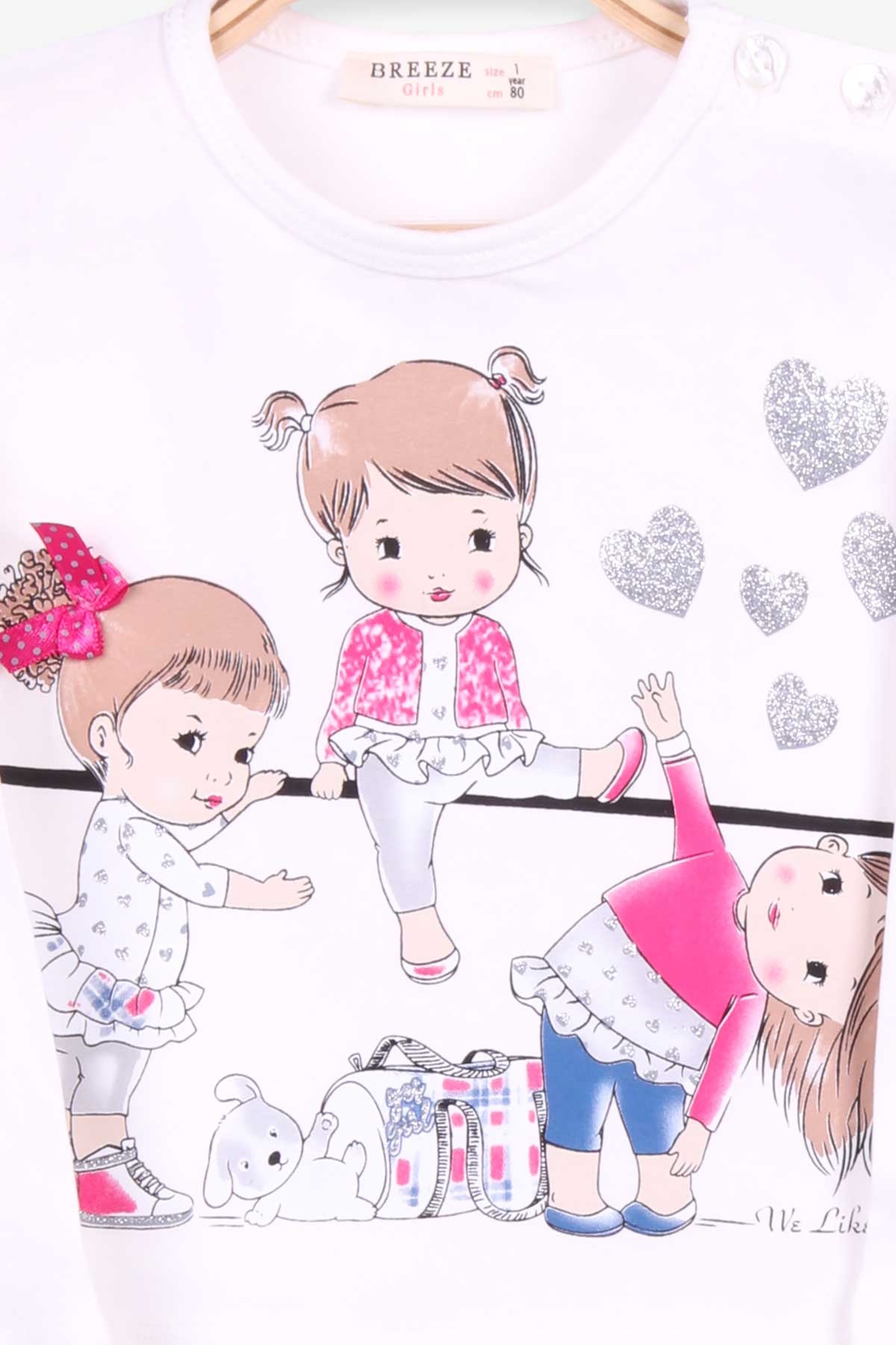 Breeze Kız Çocuk Taytlı Takım Baskılı Fiyonklu Ekru (1-4 Yaş)
