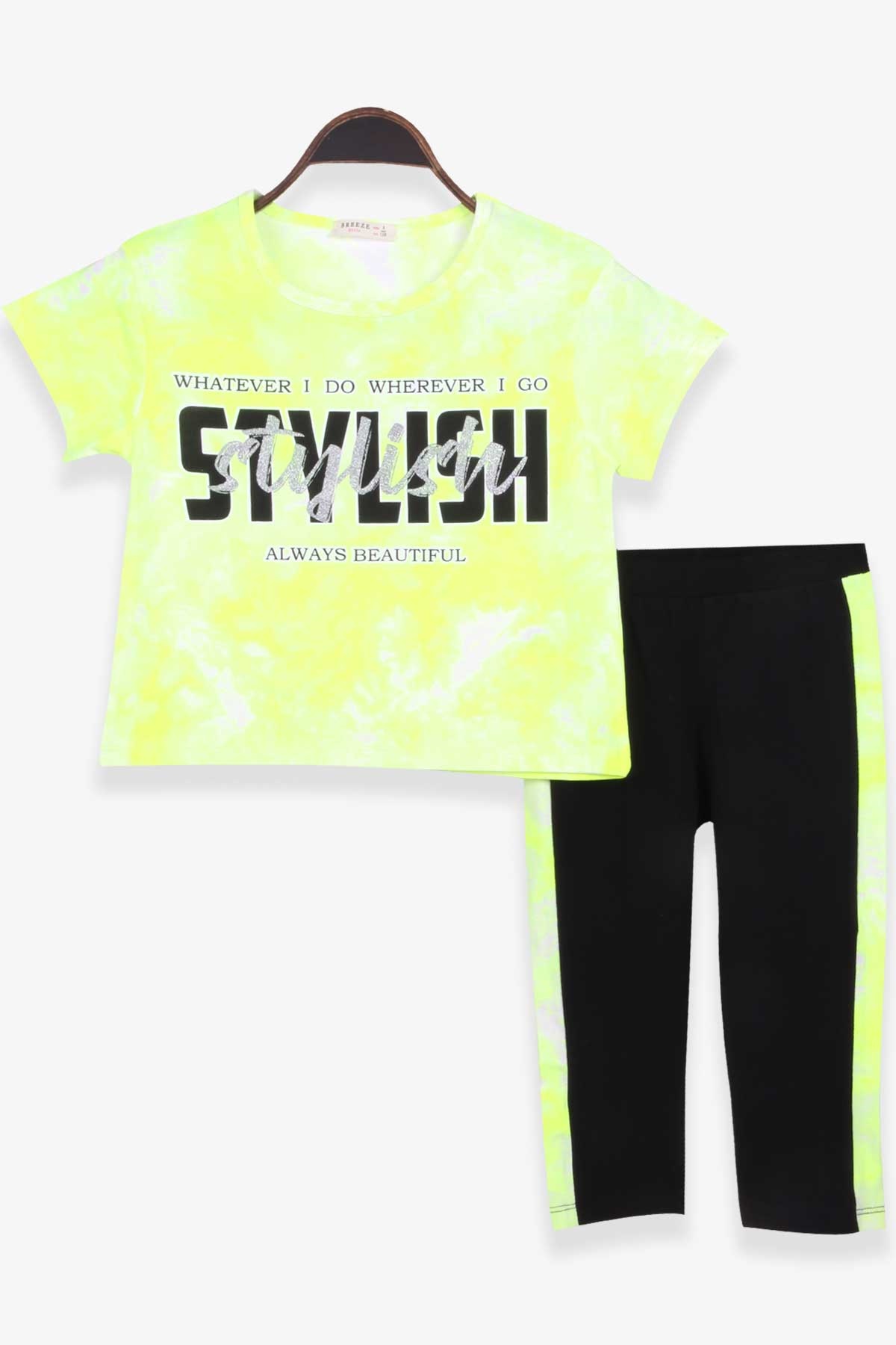 Breeze Kız Çocuk Taytlı Takım Batik Yazı Desenli Neon Yeşil (8-14 Yaş)