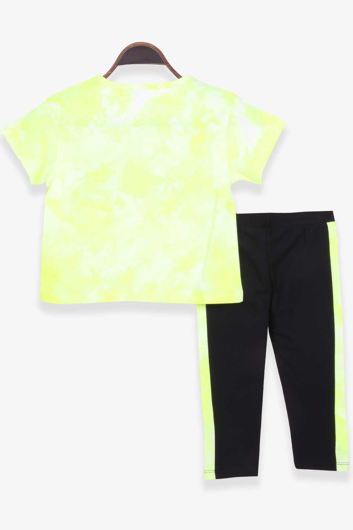 Breeze Kız Çocuk Taytlı Takım Batik Yazı Desenli Neon Yeşil (8-14 Yaş)
