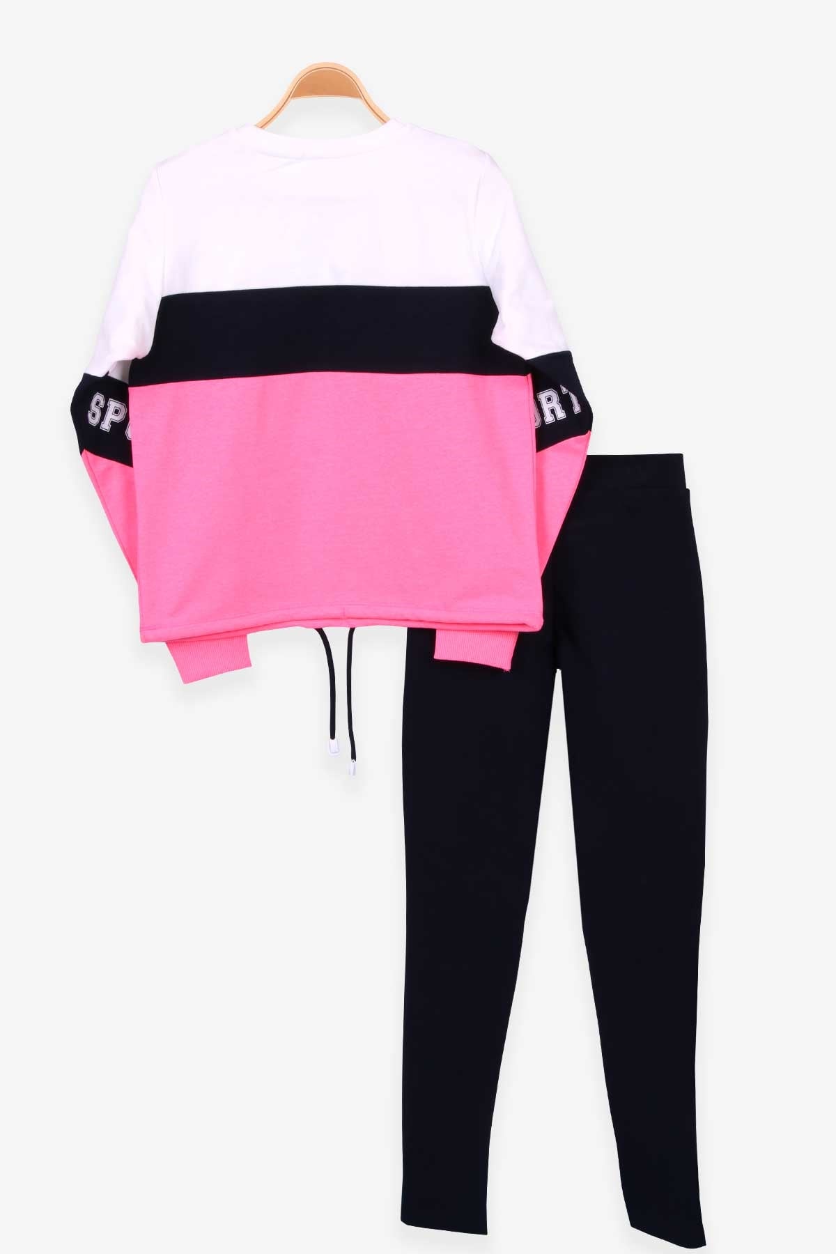 Breeze Kız Çocuk Taytlı Takım Blok Desenli Bağcıklı Neon Pembe (9-14 Yaş)