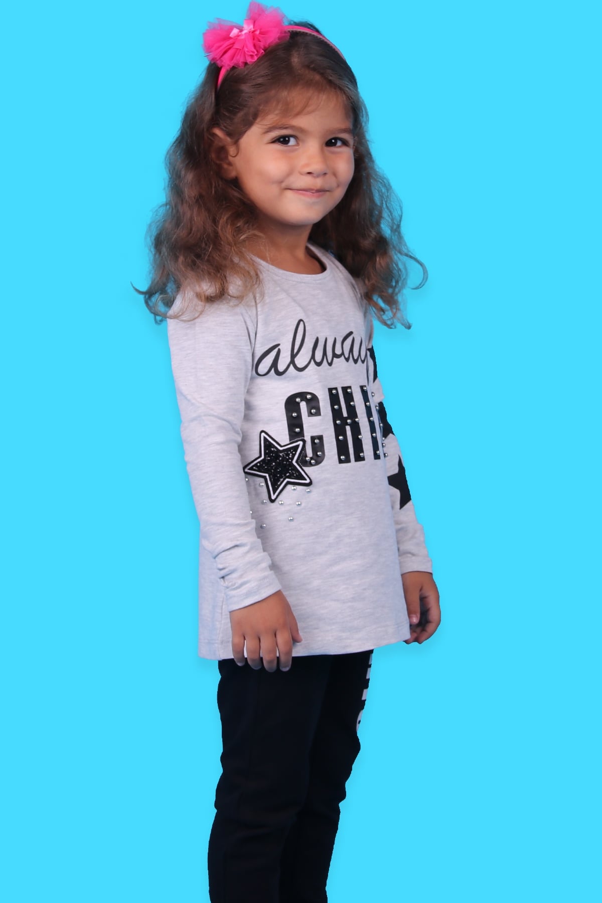 Breeze Kız Çocuk Taytlı Takım Boncuklu Gri-Siyah (4-9 Yaş)