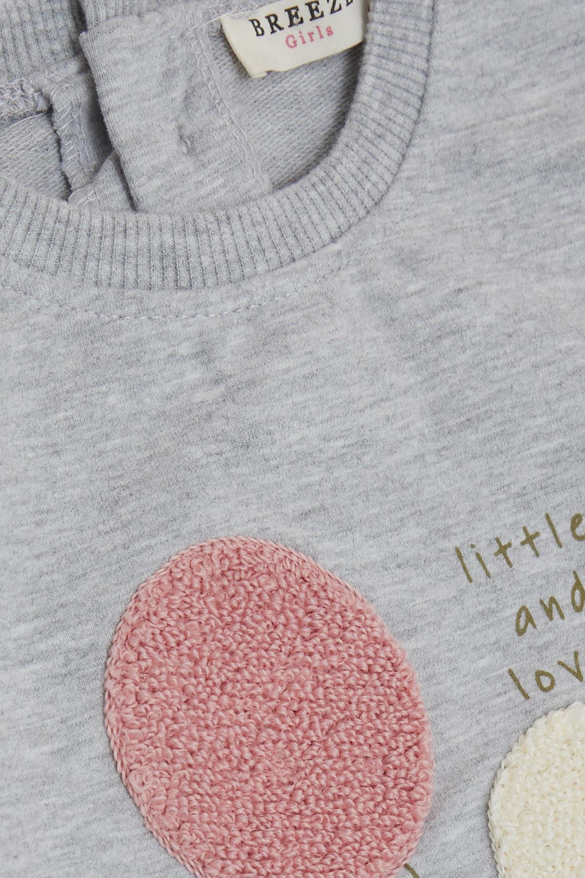 Breeze Kız Çocuk Taytlı Takım Çiçek Baskılı Punch Nakışlı Gri Melanj (1-4 Yaş)