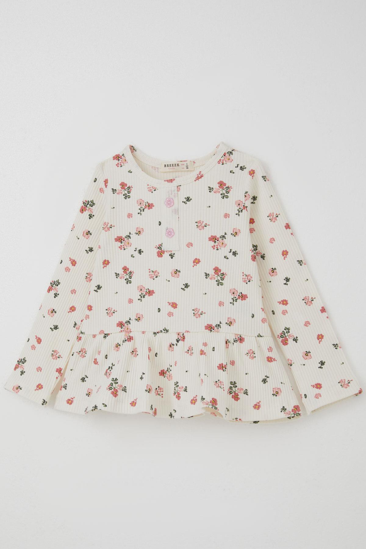 Breeze Kız Çocuk Taytlı Takım Çiçek Desenli Paça Kısmı Fırfır Detaylı Ekru (3-7 Yaş)