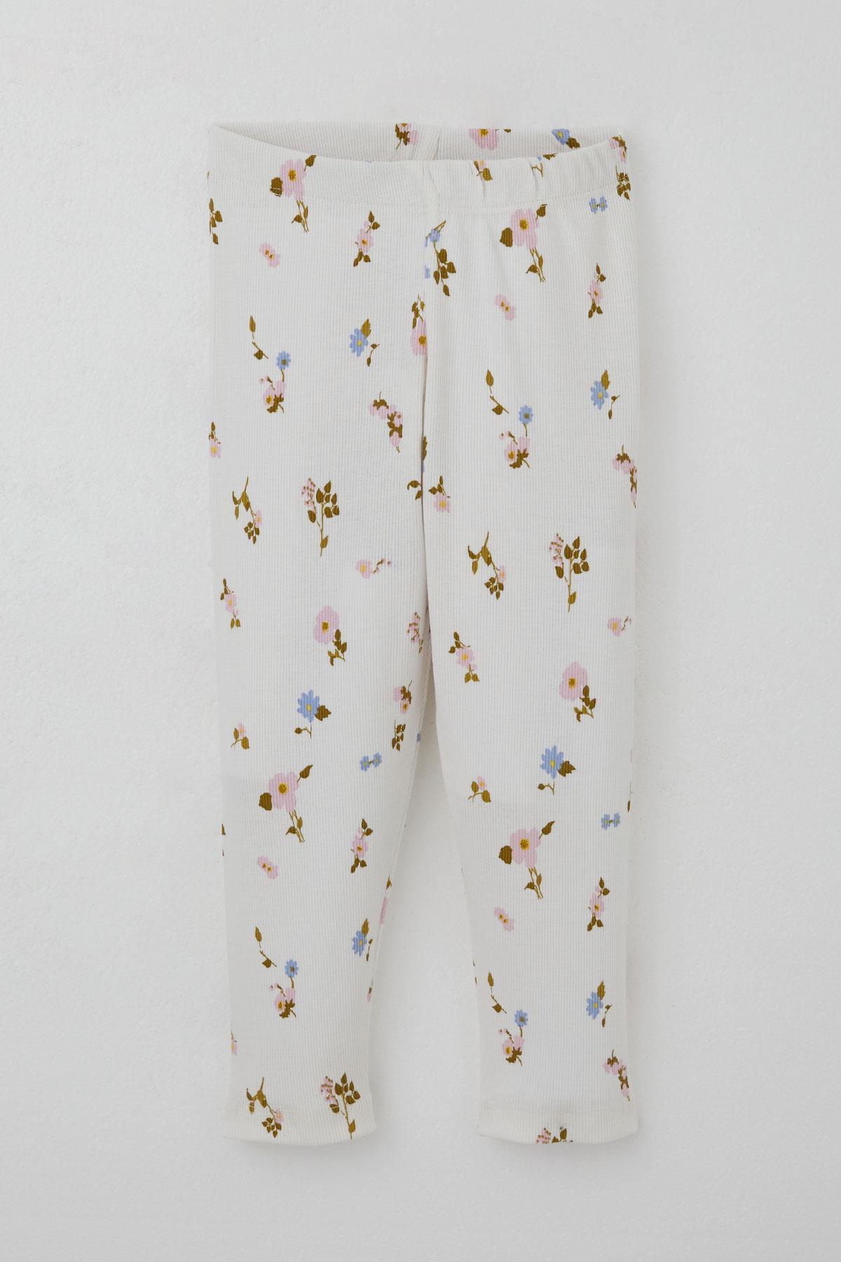 Breeze Kız Çocuk Taytlı Takım Çiçek Desenli Kolları Fırfır Detaylı Ekru (2-6 Yaş)