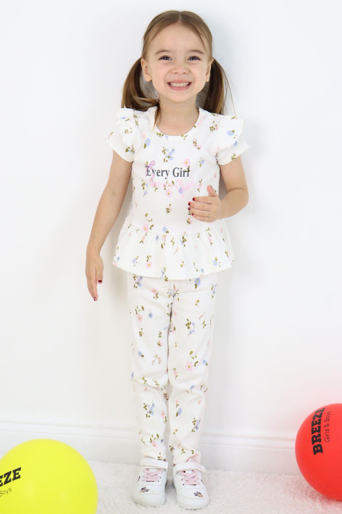 Breeze Kız Çocuk Taytlı Takım Çiçek Desenli Kolları Fırfır Detaylı Ekru (2-6 Yaş)